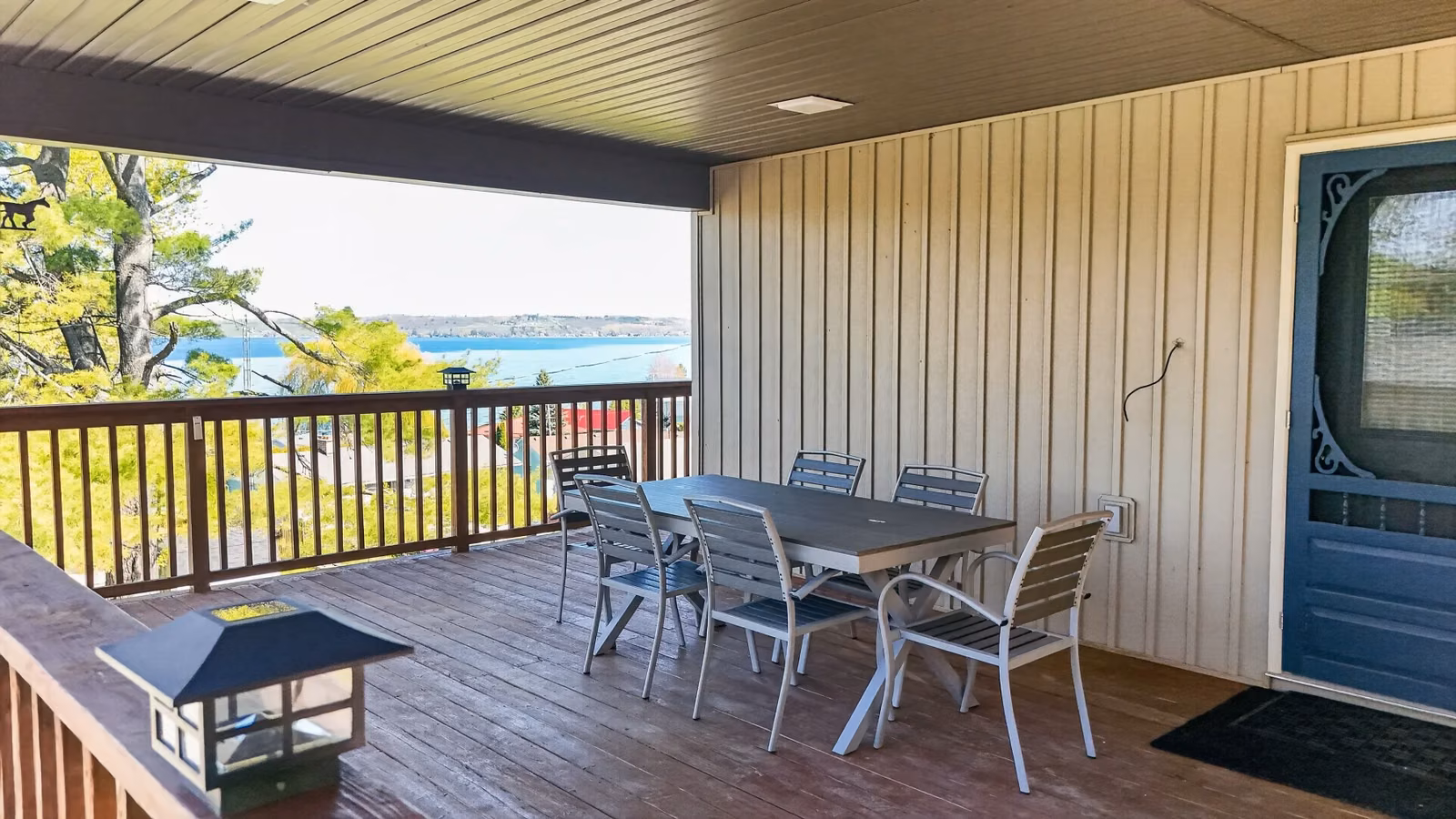 Covered outdoor dining area overlooking Rice Lake